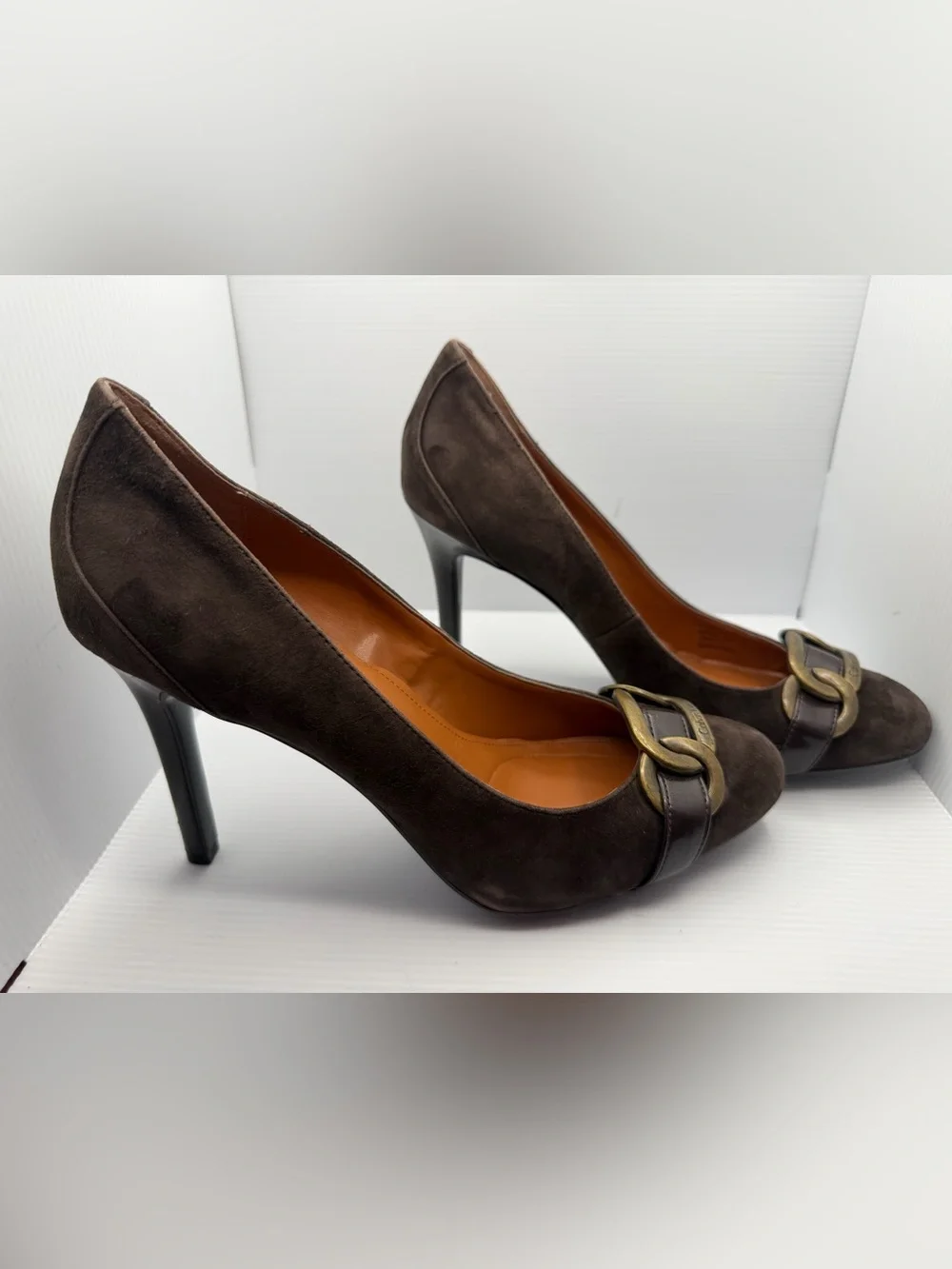 Calvin Klein Dark Brown Suede Pumps with Gold Chain Accent